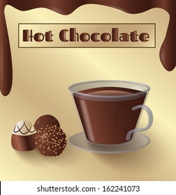 Cup of hot chocolate and small candy and melted chocolate, vector version