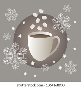 A cup of hot chocolate surrounded by snowflakes