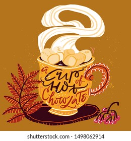 Copa de chocolate caliente: ilustración vectorial con una taza linda de bebida caliente. Impresión de moda en colores cálidos naranja y amarillo.