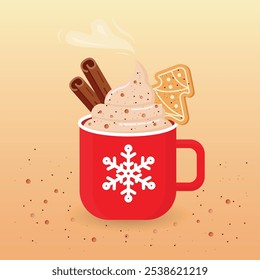 Cup of hot chocolate. Vector illustration of a red steaming cup decorated with a snowflake filled with hot chocolate, whipped cream, gingerbread cookies and cinnamon sticks.