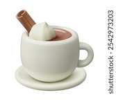 A cup of hot chocolate with whipped cream 3d realistic vector illustration. Warm cocoa or mocha coffee in a cute white mug.