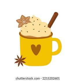 Cup of hot chocolate with whipped cream, gingerbread cookie, cinnamon stick and star anise. Template for cozy autumn or winter design. Isolated vector illustration.