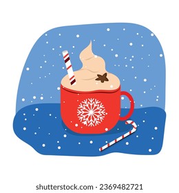 A cup of hot chocolate with whipped cream, red with a snowflake design. Christmas card design element. Vector illustration.