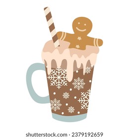 A cup of Hot chocolate with Whipped cream, Gingerbread man and straw. Flat style Mug of Christmas isolated on white. Seasonal banner, Template. Colorful vector illustration. Digital hand-drawn.