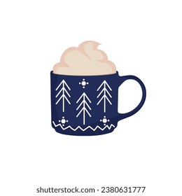 Cup of hot chocolate with whipped cream on white background