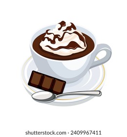 Taza de chocolate caliente con crema batida e ilustración vectorial de barra de chocolate. La taza blanca de chocolate caliente o el vector del icono del café aislado sobre un fondo blanco. Dibujo de la copa de cacao