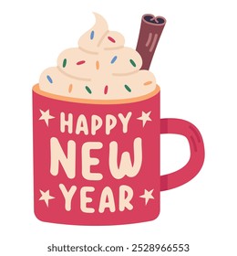 Cup of hot chocolate with whipped cream and cinnamon on white background
