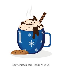 Cup of hot chocolate with whipped cream. Mug of winter aromatic drink isolated on white background. Vector illustration
