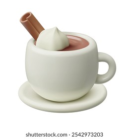 A cup of hot chocolate with whipped cream 3d realistic vector illustration. Warm cocoa or mocha coffee in a cute white mug.