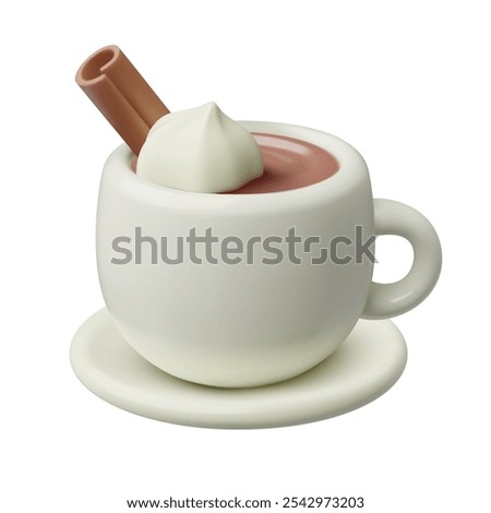 A cup of hot chocolate with whipped cream 3d realistic vector illustration. Warm cocoa or mocha coffee in a cute white mug.