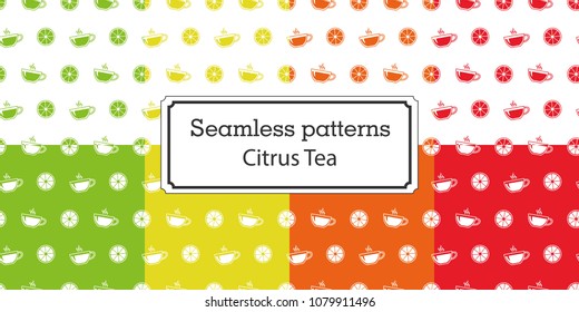 cup of hot citrus tea seamless patterns set. vector patterns set. tasty healthy baverage. fruit tea. colorful citrus pattern on white background. lime, lemon, orange, grapefruit. fruit tea