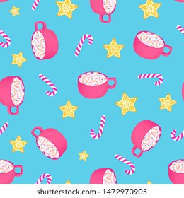 A cup of hot cocoa with candy cane and gingerbread star. Seamless pattern for Christmas and New Year.