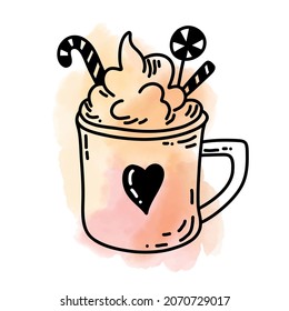 Copa de Cacao Caliente o Chocolate con crema dulce y caramelos. Ilustración vectorial de Coffee Mug al estilo doodle con mancha acuarela. elemento para icono o logotipo de café