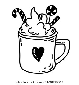 Cup of hot Cocoa or Chocolate. Vector illustration of Coffee with Cream in doodle style. Cute sketch of Mug for menu