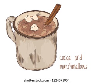 A cup of hot cocoa with cinnamon and marshmallows on a white background. Hand drawing, sketch