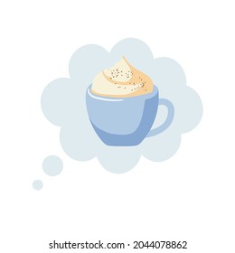Cup of hot cocoa or coffee for Christmas with whipped cream. Hot winter drink in blue cup. Beverage symbol. Winter card Template. Cappuccino cream vector illustration in flat style.