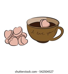 Cup of hot cocoa or coffee, marshmallows. Christmas feeling. Vector illustration. Valentine's Day