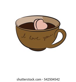 Cup of hot cocoa or coffee, marshmallows. Christmas feeling. Vector illustration. Valentine's Day