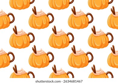 Cup of hot cocoa or coffee with whipped cream and cinnamon in cartoon style. Seamless pattern of beverage for bakery, cafe, kitchen wallpaper and background.