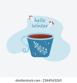 A cup of hot cocoa or coffee with a winter design on it. Winter hot drink in a blue cup in cartoon style. Cold winter season, warm cocoa bar menu illustration. Vector illustration