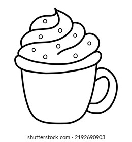 A cup of hot cocoa with cream, highlighted on a white background. Vector hand-drawn illustration in doodle style. Perfect for holiday and Christmas designs, postcards, logos, decorations.