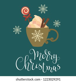 Cup of hot cocoa with cream and vanilla sticks. Merry Christmas hand lettering. Vector illustration