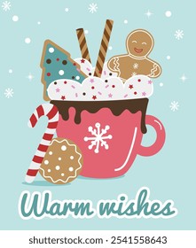 a cup of hot cocoa drink with cream, marshmallow, cookies, candy cane. Greeting card