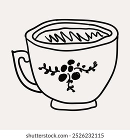 Taza, Cacao Caliente, Ponche de Huevo-1. Navidades dibujadas a mano caprichosos iconos de arte de línea 2. Clipart de Navidad, Ilustraciones vectoriales, dibujado a mano doodle iconos, dibujo de estilo peculiar