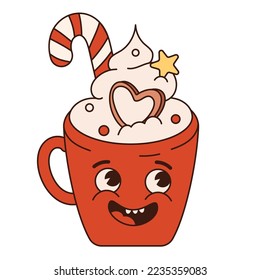 Cup of hot cocoa with foam and caramel cane. Retro cartoon character in trendy groove style. Vibes 70s.