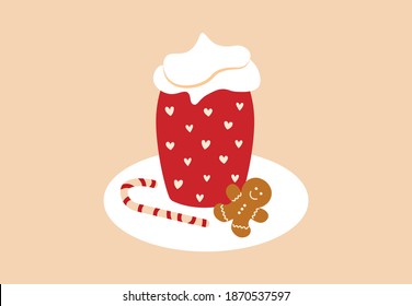 Cup of hot cocoa and ginger cookie. Holiday drink and dessert. Hand drawn coffee, milk, cookie, candy. Vector festive illustration