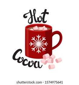 Cup of hot cocoa with marshmallow. Lettering. Seasonal winter drink. 