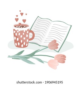 A cup of hot cocoa with marshmallow, open book, and tulips. Concept of love, hygge, and happy morning. Hand drawing vector illustration.