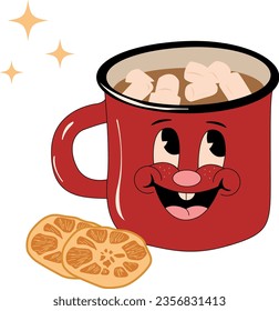 Cup of hot cocoa with marshmallow. Retro cartoon character in trendy clockwork style. Atmosphere of the 70s.