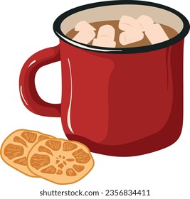 Cup of hot cocoa with marshmallow. Retro cartoon character in trendy clockwork style. Atmosphere of the 70s.