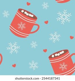 Cup of Hot Cocoa with Marshmallow and Snowflakes Winter Background Seamless Pattern 