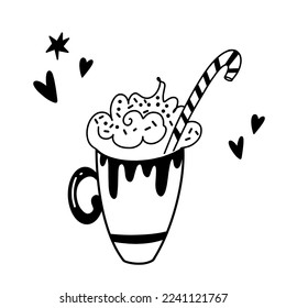 Cup of hot cocoa with marshmallows and candy cane in doodle style. Vector hand-drawn line illustration.