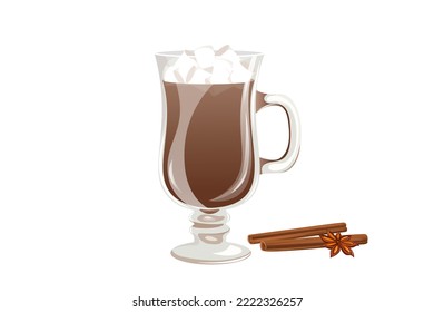 A cup of hot cocoa with marshmallows and cinnamon.Winter hot drink in a glass glass.Vector illustration of a Christmas drink.
