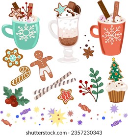 Cup of hot cocoa with marshmallows, gingerbread man, christmas tree, snowflakes, candy cane, holly berry, star anise, cinnamon, star anise. Vector illustration