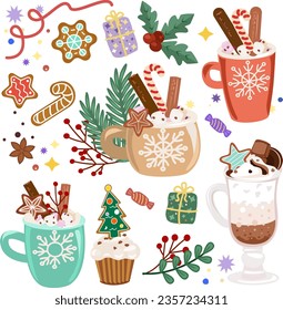 Cup of hot cocoa with marshmallows gingerbread man christmas tree snowflakes Coffee cups