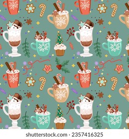 Cup of hot cocoa with marshmallows gingerbread man christmas tree snowflakes Coffee cups, seamless pattern