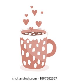 Una taza de cacao caliente con malvaviscos y corazones sobre un fondo blanco. Concepto de amor e higge. Ilustración vectorial de dibujo manual. Icono de taza de cacao.