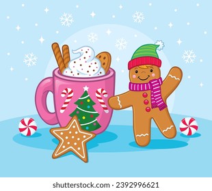 Cup of hot cocoa with whipped cream, sprinkles, a cookie, a couple of wafer sticks and a cute gingerbread boy in kit cap and scarf waving. 