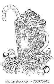 Cup with hot coffee. Adult Coloring book page. A4 size. Christmas decoration. Hand-drawn vector illustration. Black and white Pattern. Zentangle.