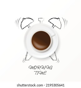 Cup of hot coffee with alarm clock grunge brush silhouette for morning awaken