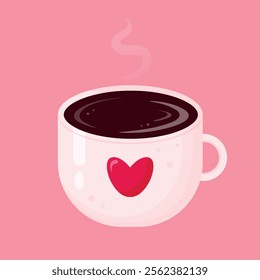 Cup of hot coffee. Americano icon. Isolated cup of coffee. Flat illustration. Design for cafes, coffeeshops, posters, banners, cards, 
advertisement. Valentines day design. Vector illustration.