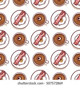 Cup of hot coffee, Bacon and eggs with eyeball and meat paw. Halloween meal seamless pattern on white. Scary food, top view. Hand drawn sketchy background, design element