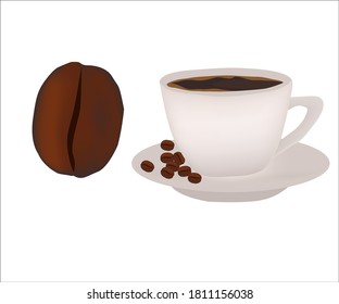 Una taza de café caliente y frijol de café. Ilustración vectorial.