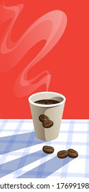 Cup with hot coffee with coffee beans and beautiful wavy fragrant steam. Table with checkered tablecloth and harsh shadows and contrasting light.
