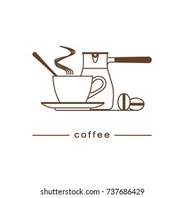 A cup of hot coffee, coffee beans, cezve. Linear icon, logo for the menu, web site, mobile application. A symbol of a coffee house, a cafe, a coffee shop. Vector illustration.