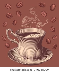 A cup of hot coffee and coffee beans. Design set. Hand drawn engraving. Vector vintage illustration. Isolated on dark background. 8 EPS